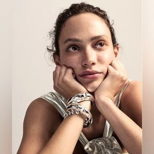 JCrew Shiny Matte Silver Ridged Cuff Bracelet